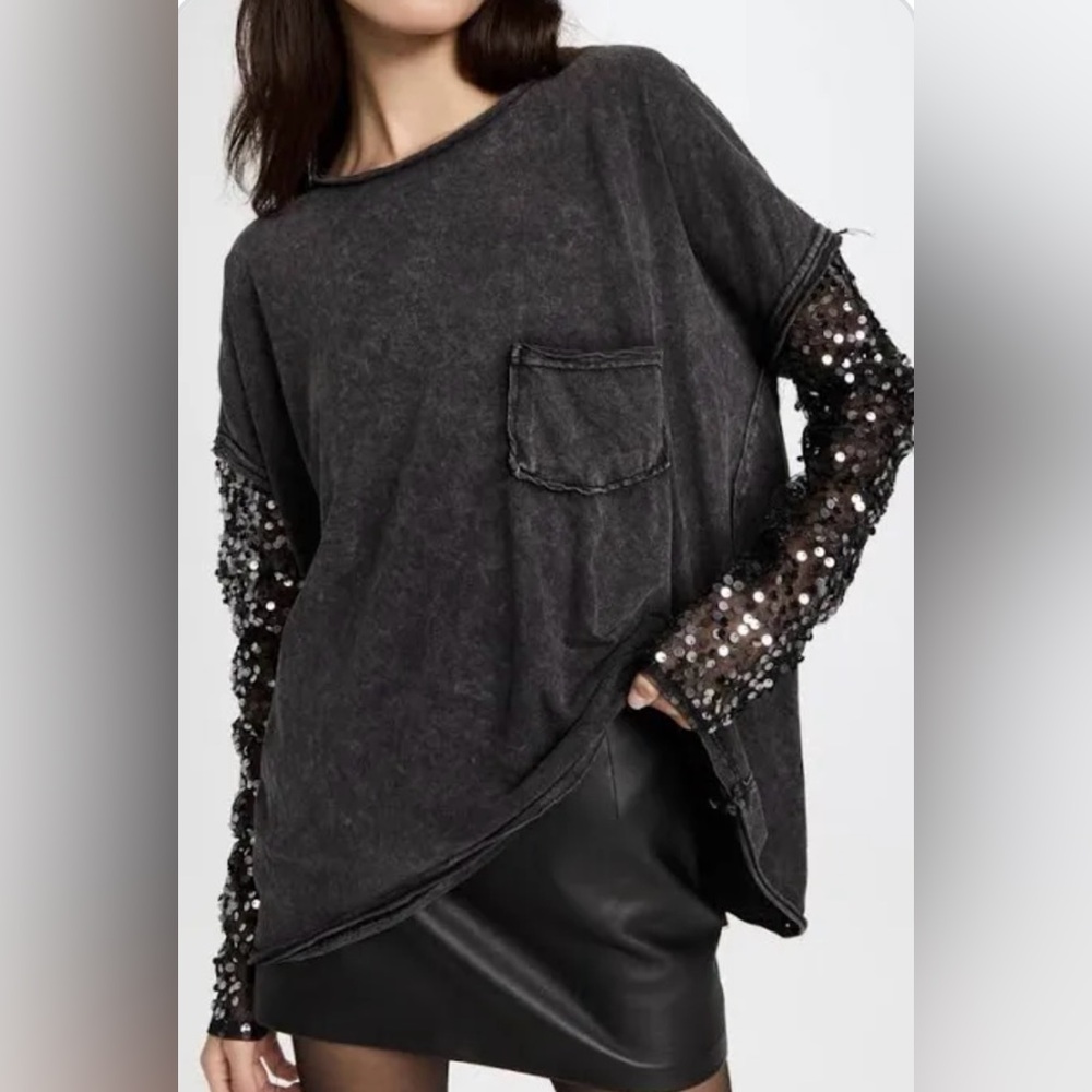 Free People Celine Sleeve layered Black washed crewneck tee, nwot